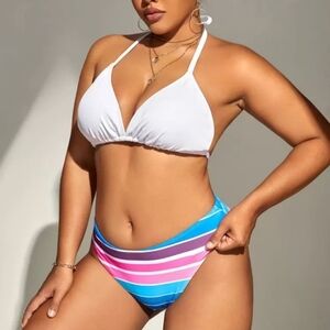 SHEIN White and Blue Bikini Classic Swimwear